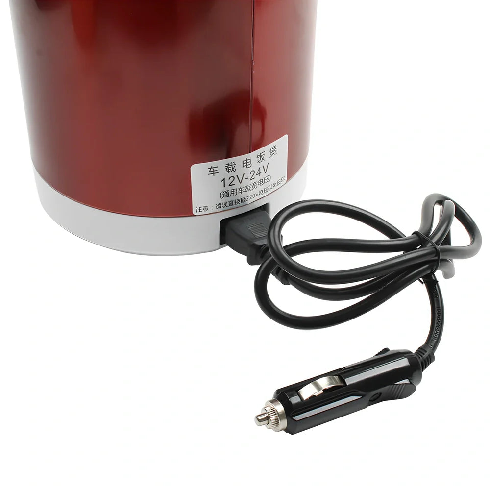 Blue cylindrical mini rice cooker with stainless steel shell and cigarette lighter cable for vehicle use