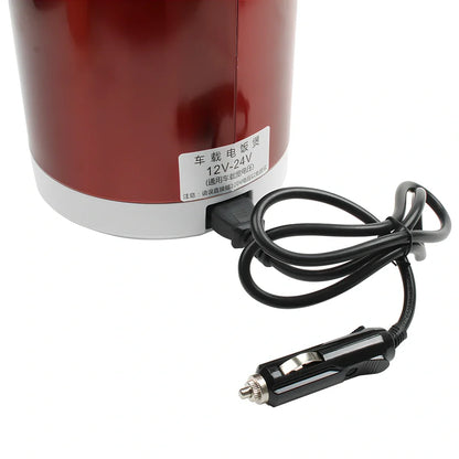 Blue cylindrical mini rice cooker with stainless steel shell and cigarette lighter cable for vehicle use