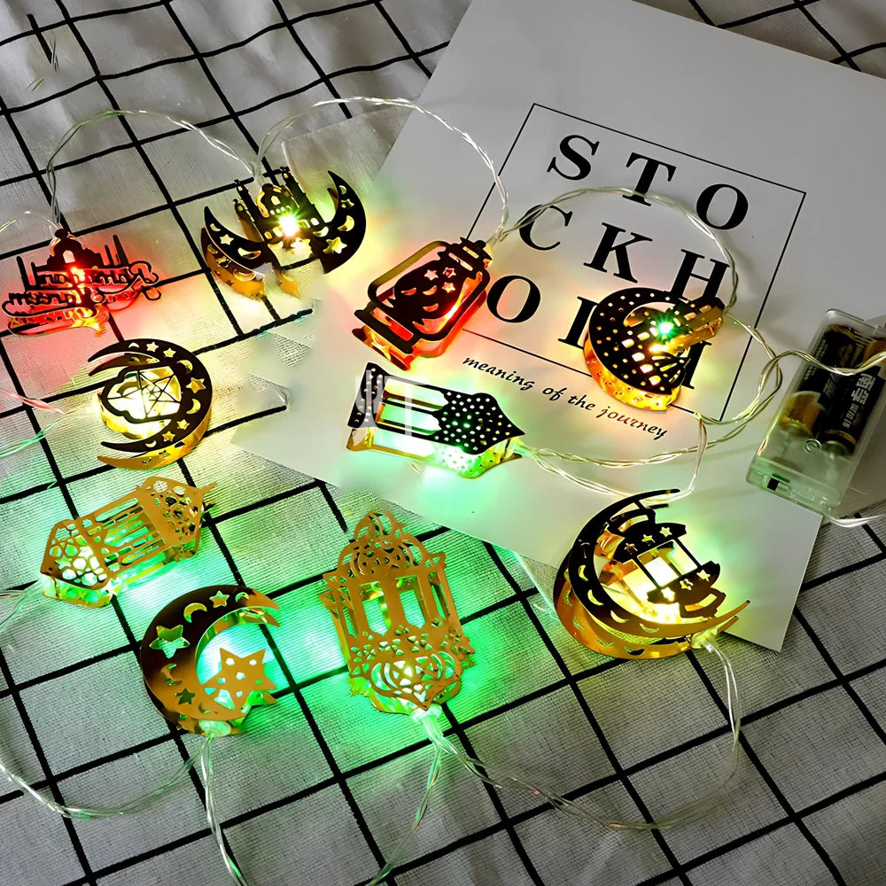 Ramadan LED decorative light with aluminium alloy shell showing 9 colour options including warm white and colourful slow flashing