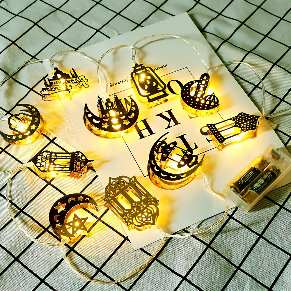 Ramadan LED decorative light with aluminium alloy shell showing 9 colour options including warm white and colourful slow flashing