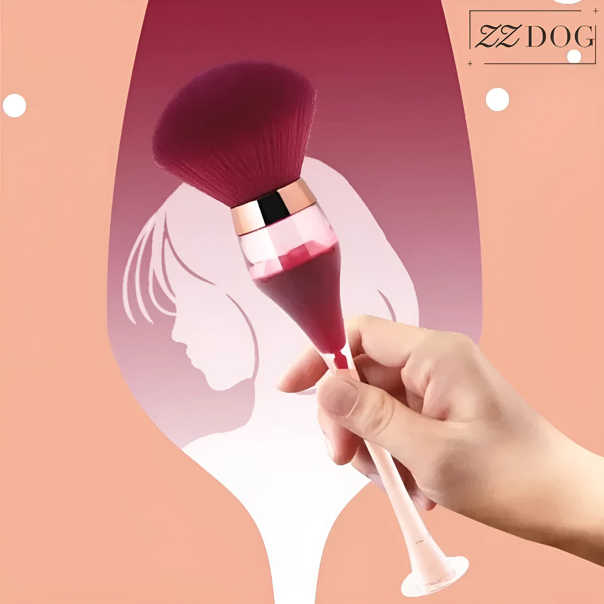 Wine glass shape large makeup brush with fluffy man-made fibre head, long plastic handle, 14cm total length, in Champagne, Pink or Wine Red.