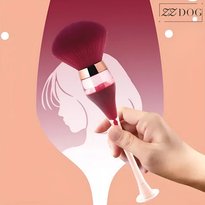 Wine glass shape large makeup brush with fluffy man-made fibre head, long plastic handle, 14cm total length, in Champagne, Pink or Wine Red.