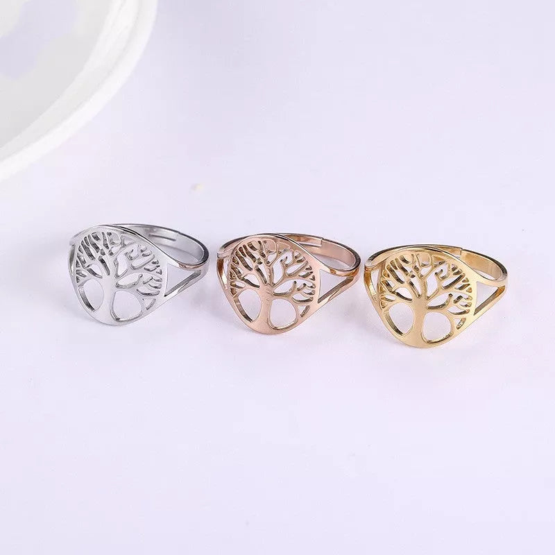 Adjustable Tree of Life Ring in stainless steel with 18K gold plating options