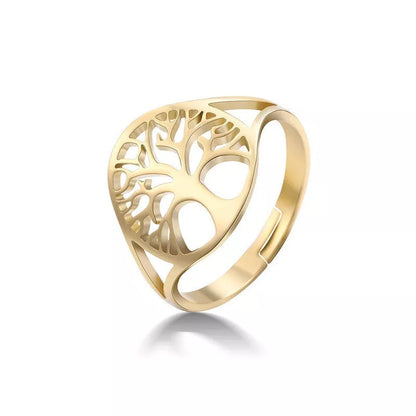 Adjustable Tree of Life Ring in stainless steel with 18K gold plating options