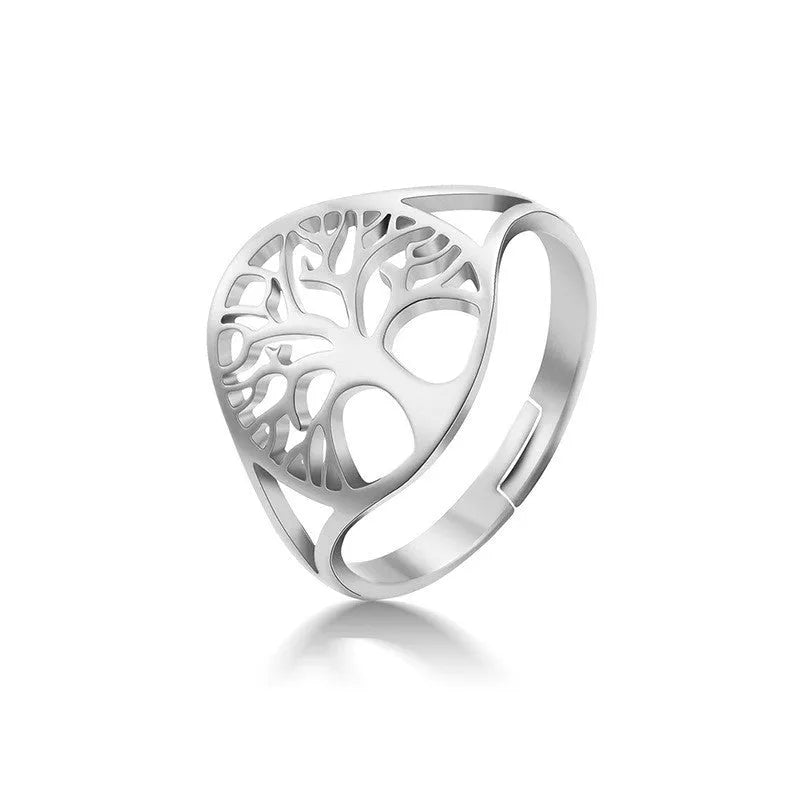 Adjustable Tree of Life Ring in stainless steel with 18K gold plating options