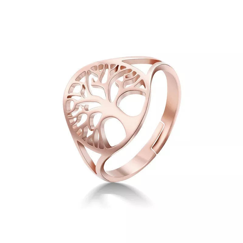 Adjustable Tree of Life Ring in stainless steel with 18K gold plating options
