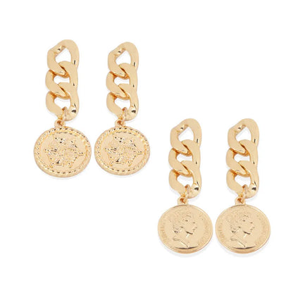Silver needle chain stud earrings in metal with electroplated finish, 6x2cm, coin and flower styles