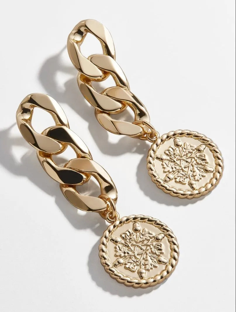 Silver needle chain stud earrings in metal with electroplated finish, 6x2cm, coin and flower styles
