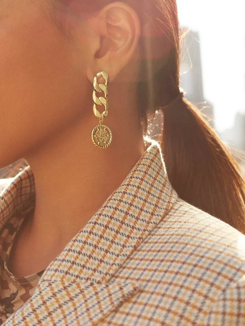 Silver needle chain stud earrings in metal with electroplated finish, 6x2cm, coin and flower styles