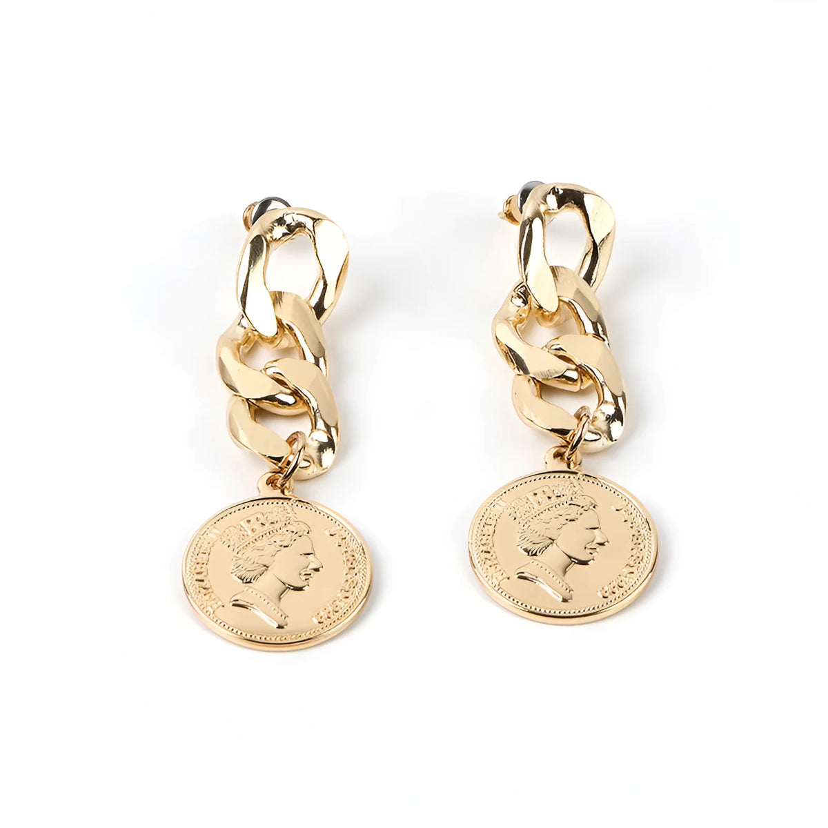 Silver needle chain stud earrings in metal with electroplated finish, 6x2cm, coin and flower styles