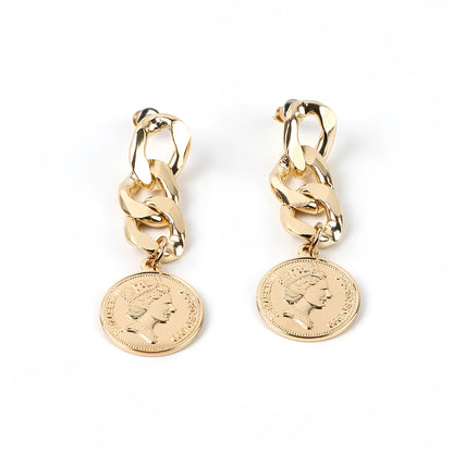 Silver needle chain stud earrings in metal with electroplated finish, 6x2cm, coin and flower styles