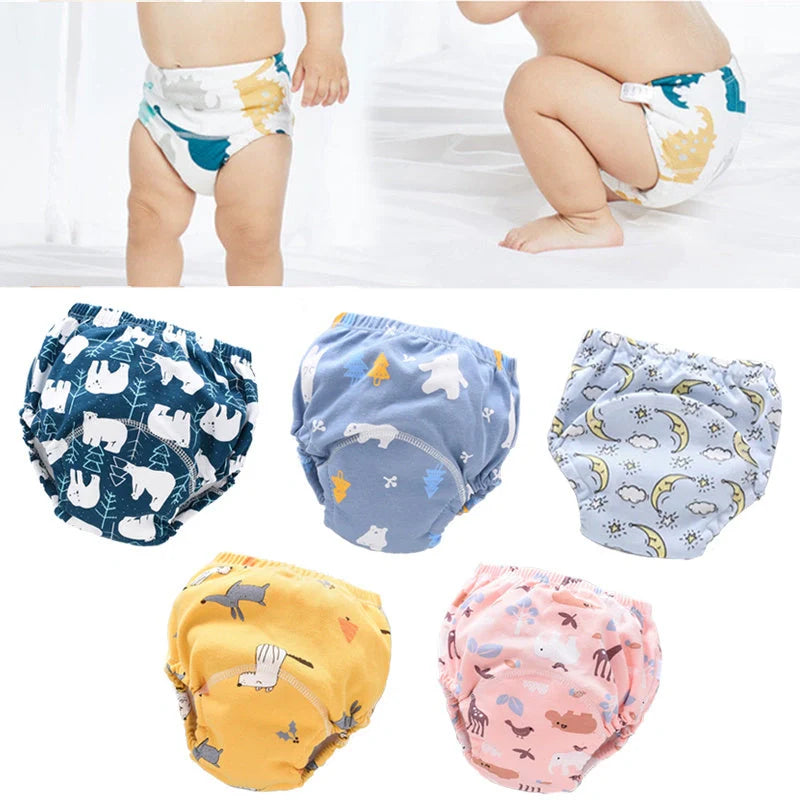 Baby diaper pants in dark blue, light blue, and pink, showcasing breathable cotton fabric and waterproof technology
