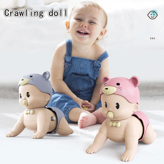 Electric crawler baby doll in blue and pink, promoting early education through interactive play