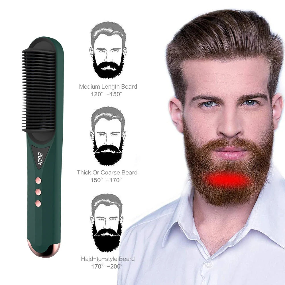 Dark green beard comb and hair straightener with PTC heating technology
