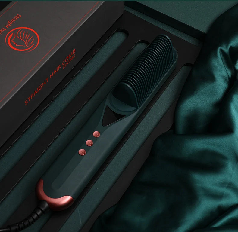 Dark green beard comb and hair straightener with PTC heating technology