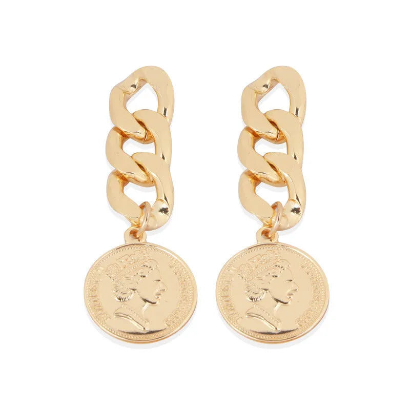 Silver needle chain stud earrings in metal with electroplated finish, 6x2cm, coin and flower styles