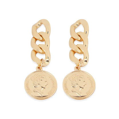 Silver needle chain stud earrings in metal with electroplated finish, 6x2cm, coin and flower styles