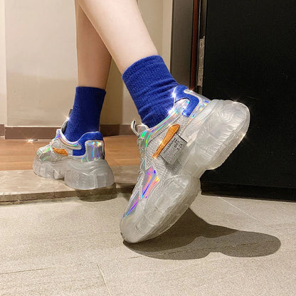 Women's transparent sneakers with holographic flash and platform sole in silver