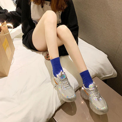 Women's transparent sneakers with holographic flash and platform sole in silver