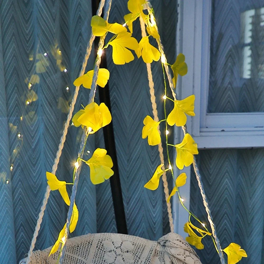 Maple leaf rattan light string with copper wire and warm white LED lamps for wedding decor