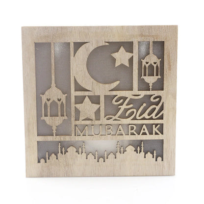 Hand-carved wooden square Eid decoration with pavilion patterns measuring 15cm