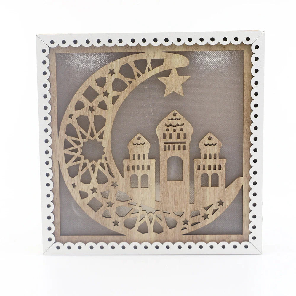 Hand-carved wooden square Eid decoration with pavilion patterns measuring 15cm