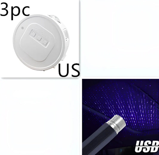 USB star projection light with voice control showing rotating mechanism and star pattern projection