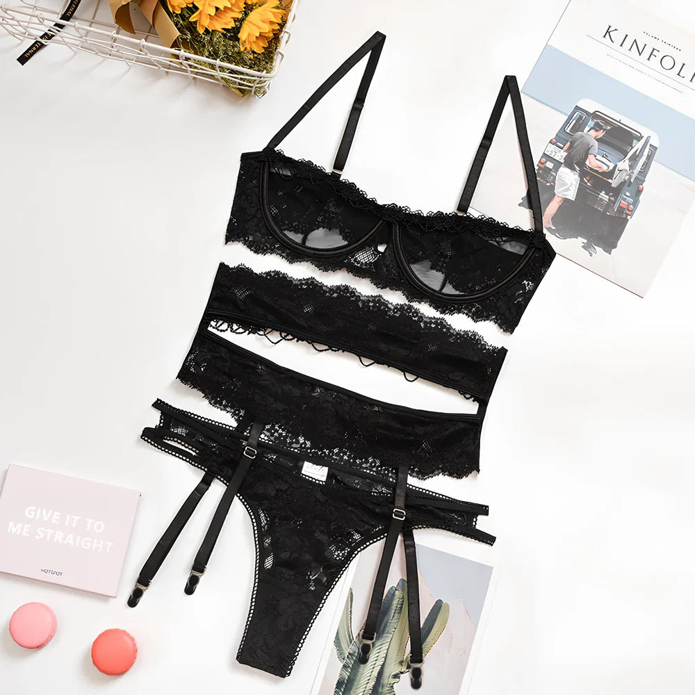 Yimunancy 3-piece lingerie set with transparent lace and steel ring accents