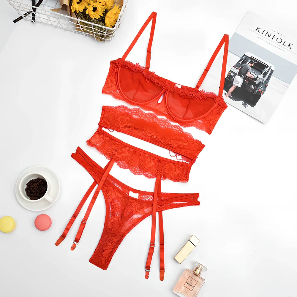 Yimunancy 3-piece lingerie set with transparent lace and steel ring accents