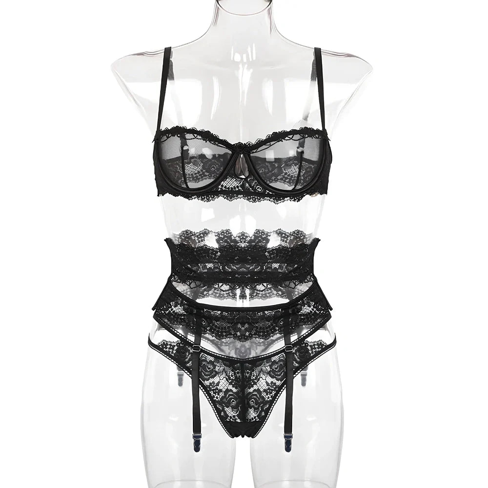 Yimunancy 3-piece lingerie set with transparent lace and steel ring accents