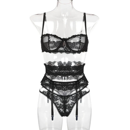 Yimunancy 3-piece lingerie set with transparent lace and steel ring accents
