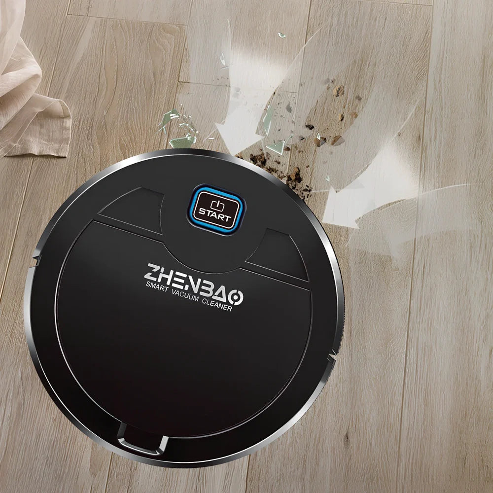 Black Smart Sweeper robotic vacuum cleaner with 28cm diameter and three-in-one cleaning system on hardwood floor
