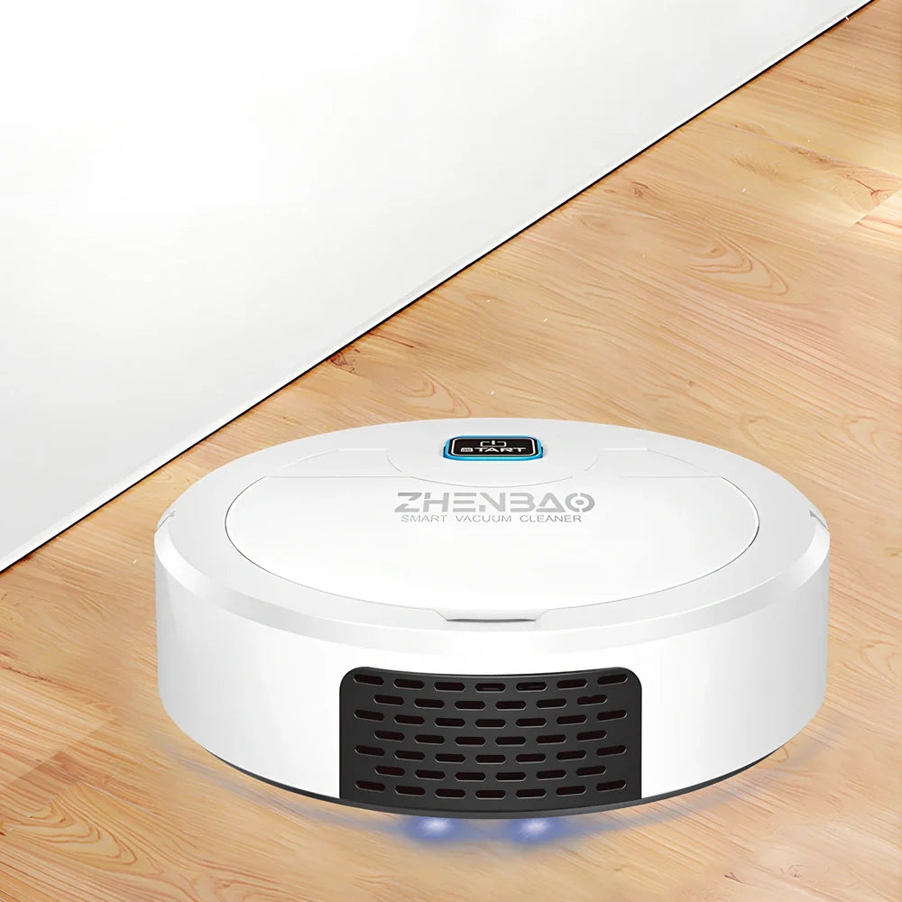 Black Smart Sweeper robotic vacuum cleaner with 28cm diameter and three-in-one cleaning system on hardwood floor