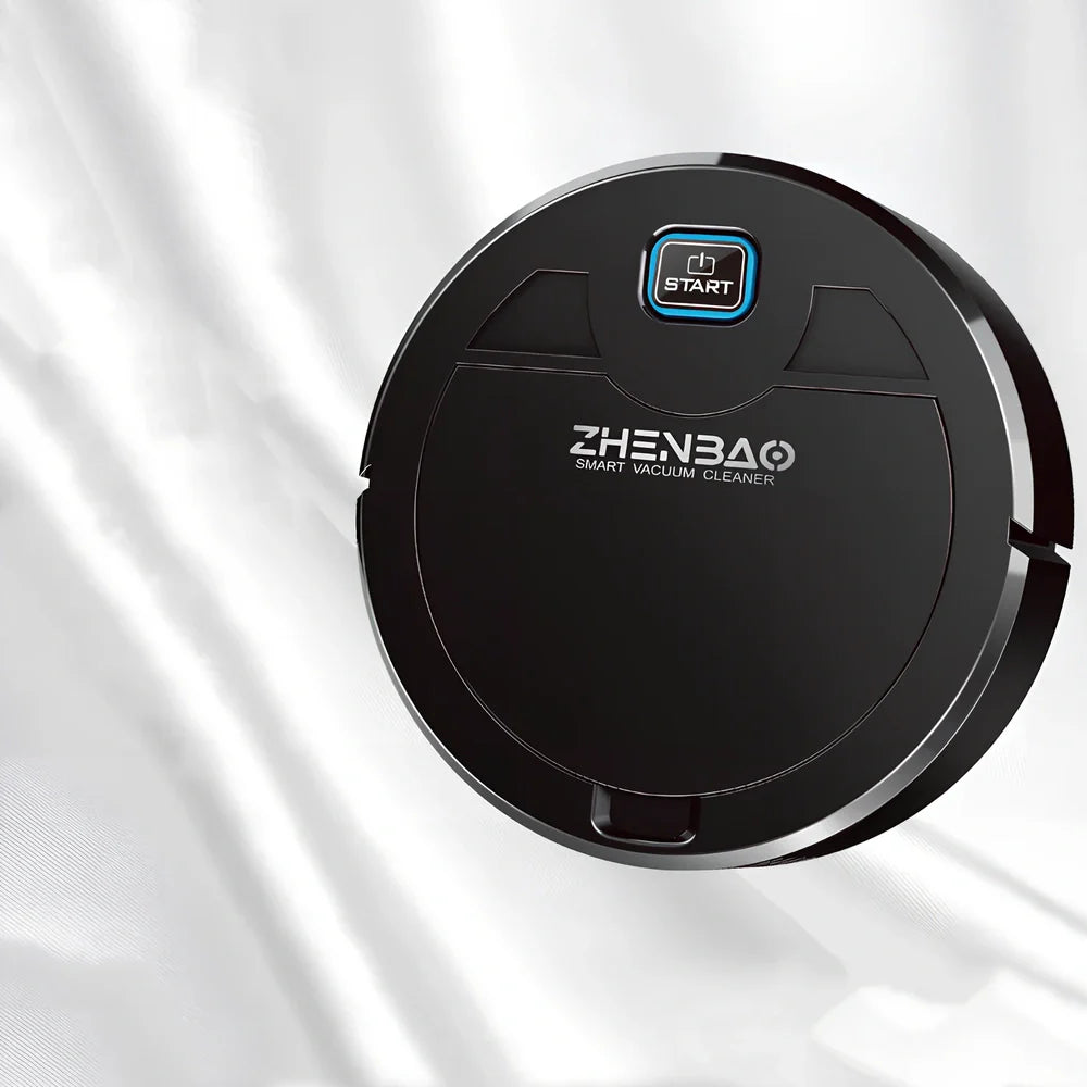 Black Smart Sweeper robotic vacuum cleaner with 28cm diameter and three-in-one cleaning system on hardwood floor