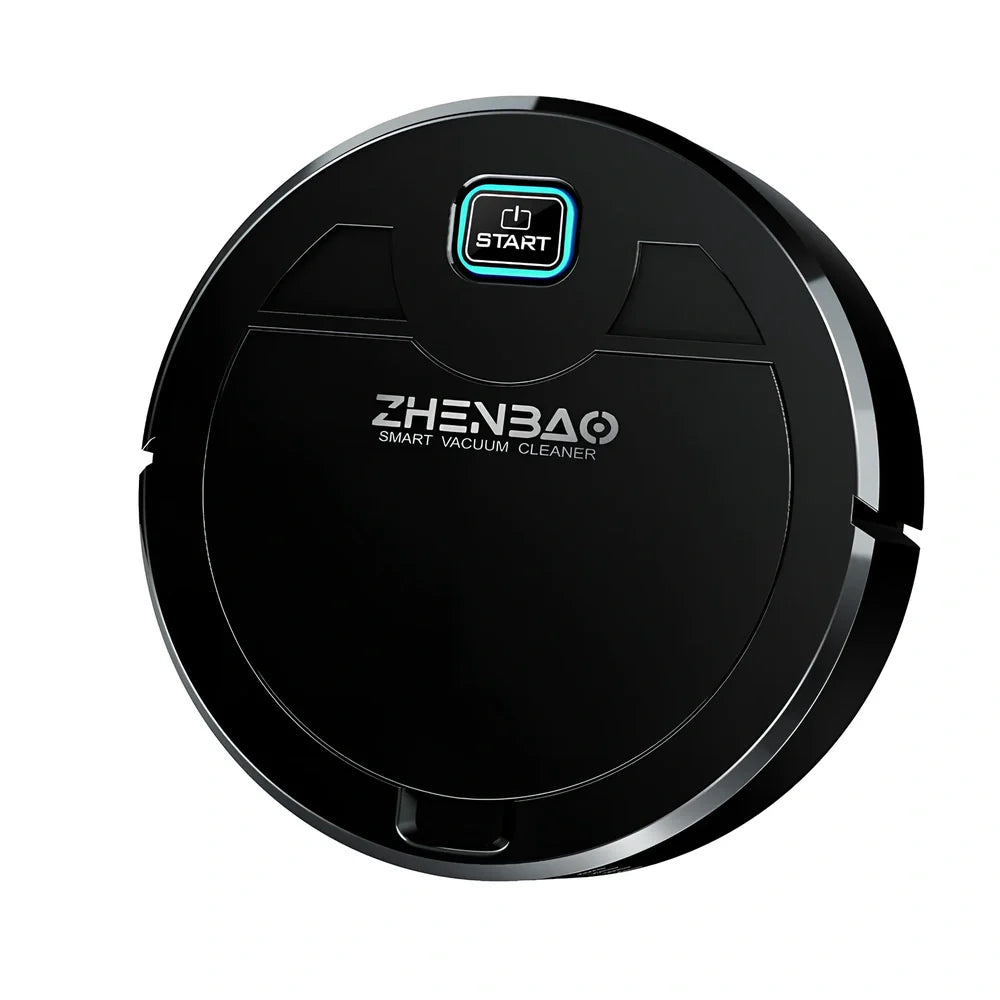 Black Smart Sweeper robotic vacuum cleaner with 28cm diameter and three-in-one cleaning system on hardwood floor