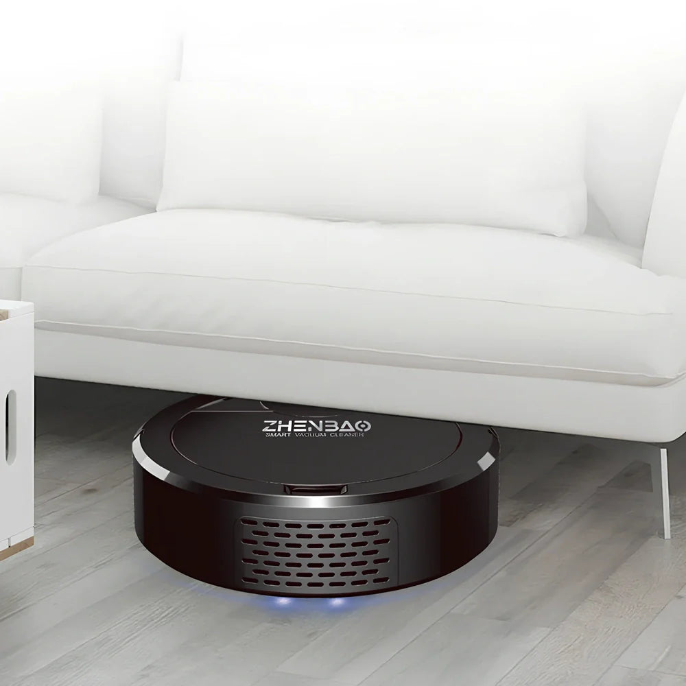 Black Smart Sweeper robotic vacuum cleaner with 28cm diameter and three-in-one cleaning system on hardwood floor