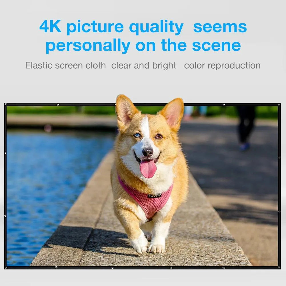 White polyester folding curtain projection screen showing 150-inch 4:3 measurement