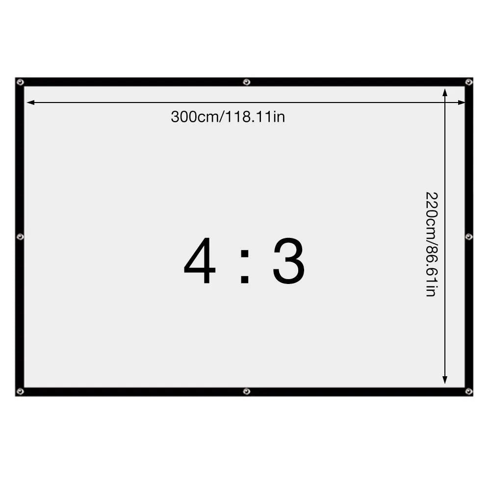 White polyester folding curtain projection screen showing 150-inch 4:3 measurement