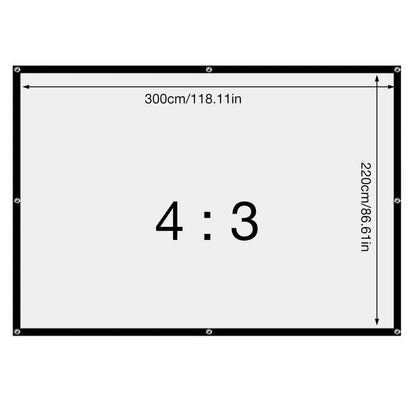 White polyester folding curtain projection screen showing 150-inch 4:3 measurement