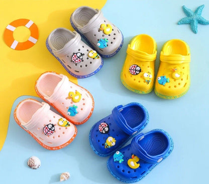 Kids cartoon slippers in yellow, blue, and pink with fun designs for summer wear