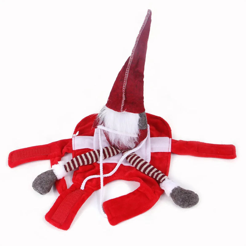 Pet Christmas riding costume and transformation outfit for dogs and cats - Santa Claus flannel fabric cosplay suit with adjustable Velcro straps in red colour, available in sizes S, M, L, XL for festive seasonal photography