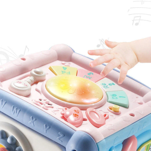 Colourful baby musical hand drum activity cube with geometric blocks measuring 15.5×15.5×20cm