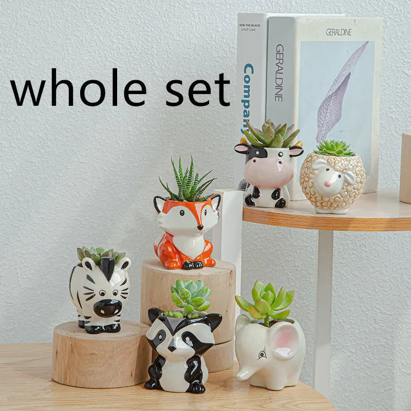 Simple cartoon animal ceramic flower pot for succulents and small plants, Nordic style, breathable and corrosion-resistant.
