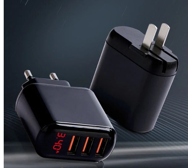 3-port USB charger with LED display for fast charging at 3.4A, ideal for travelers