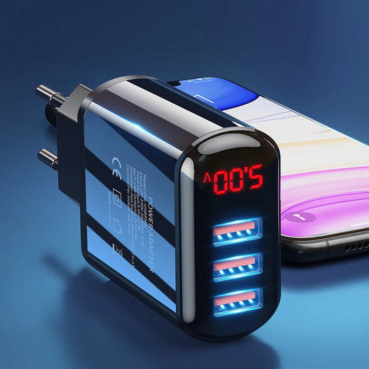 3-port USB charger with LED display for fast charging at 3.4A, ideal for travelers