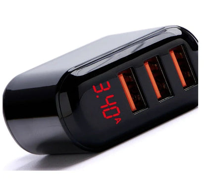 3-port USB charger with LED display for fast charging at 3.4A, ideal for travelers