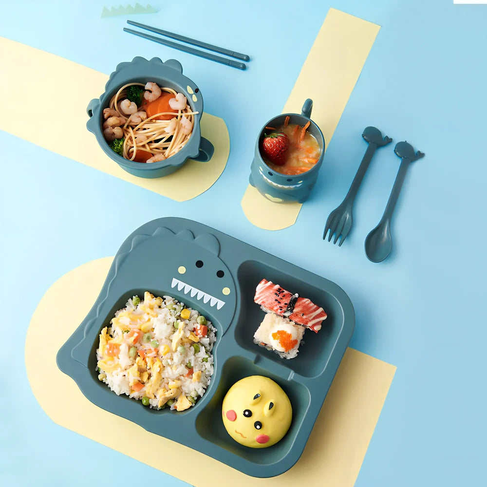 Baby dinosaur tableware set with 8-inch plates in blue, green, and pink colour options