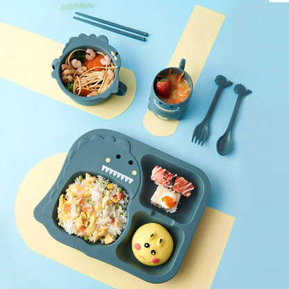 Baby dinosaur tableware set with 8-inch plates in blue, green, and pink colour options