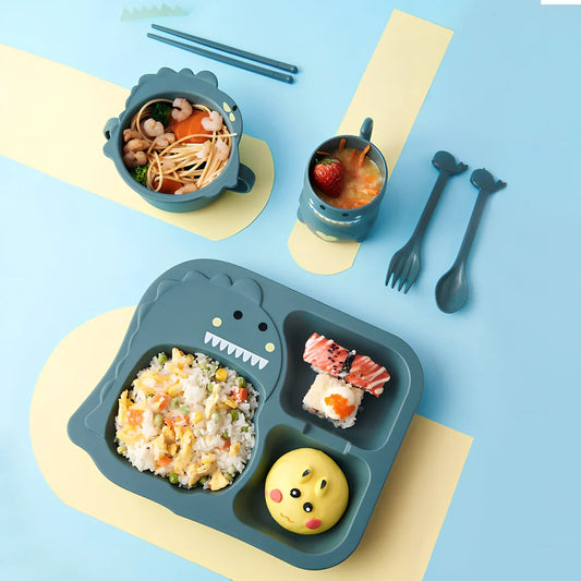 Baby dinosaur tableware set with 8-inch plates in blue, green, and pink colour options