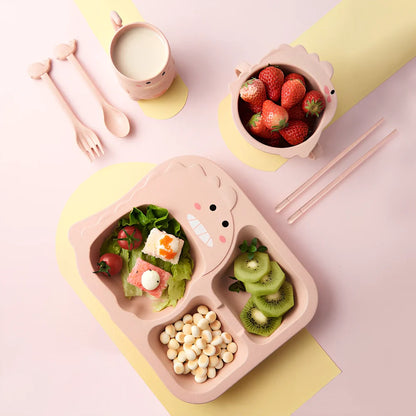 Baby dinosaur tableware set with 8-inch plates in blue, green, and pink colour options